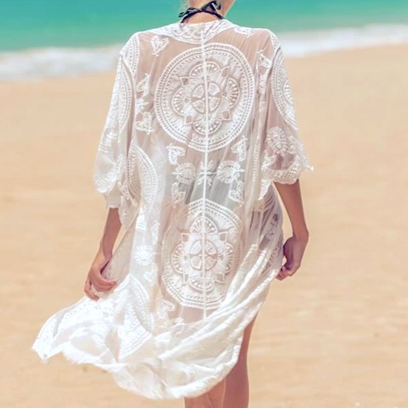 Sheer Embroidery Tie Front Mesh Kimono - Picture 3 of 12